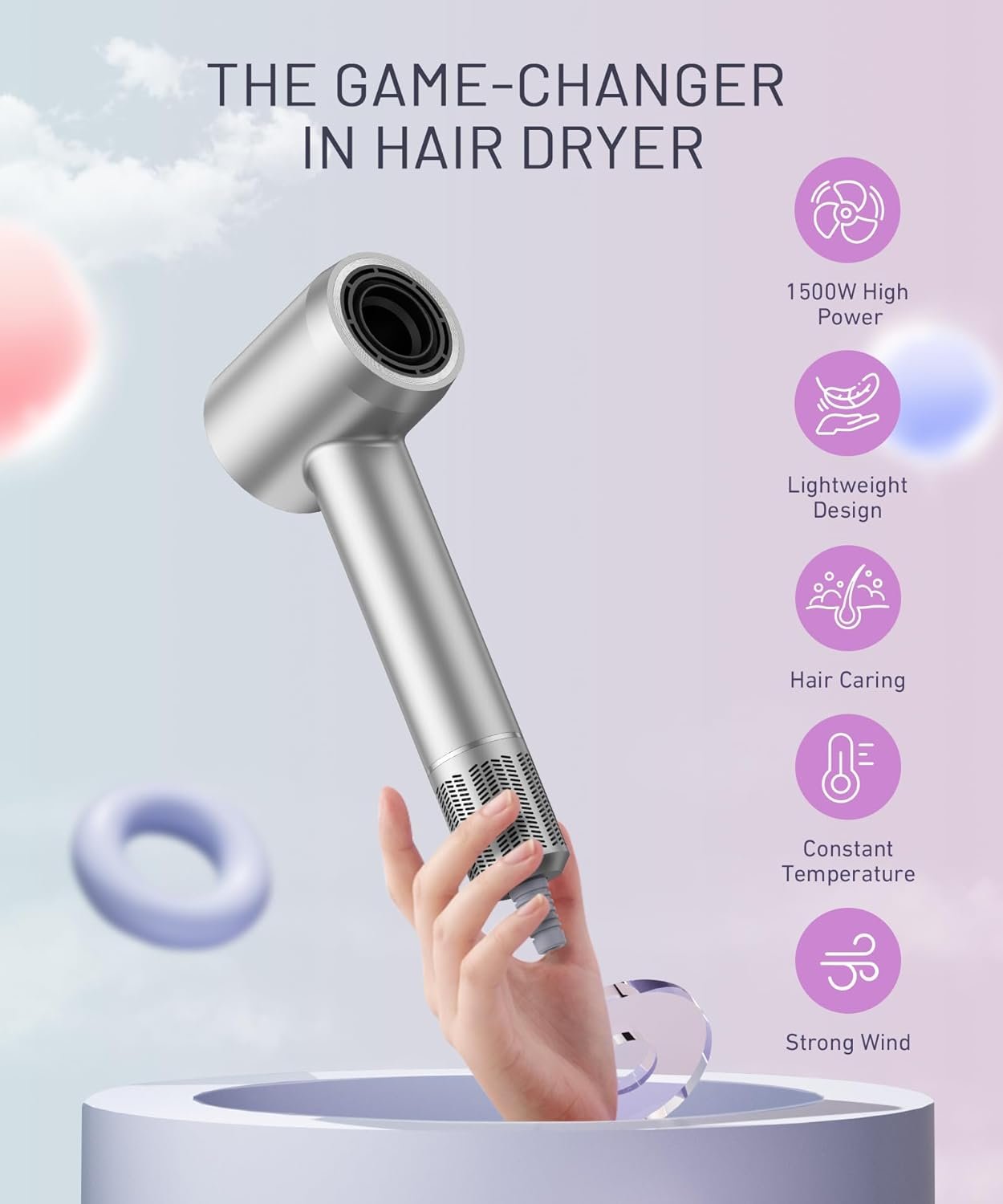 Hair Dryer - 150000 RPM High-Speed Brushless Motor Negative Ionic Blow Dryer for Fast Drying, Low Noise Thermo-Control Hair Dryer with Diffuser and Nozzle, Silvery - Image 7