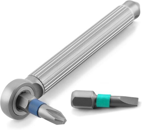 Titanium Mini Pocket Screwdriver,EDC Multitool Sets with Ratchet Wrench,Window Breaker,2 Mini 1/4 Hex Shank Bits PH2 and SL4.