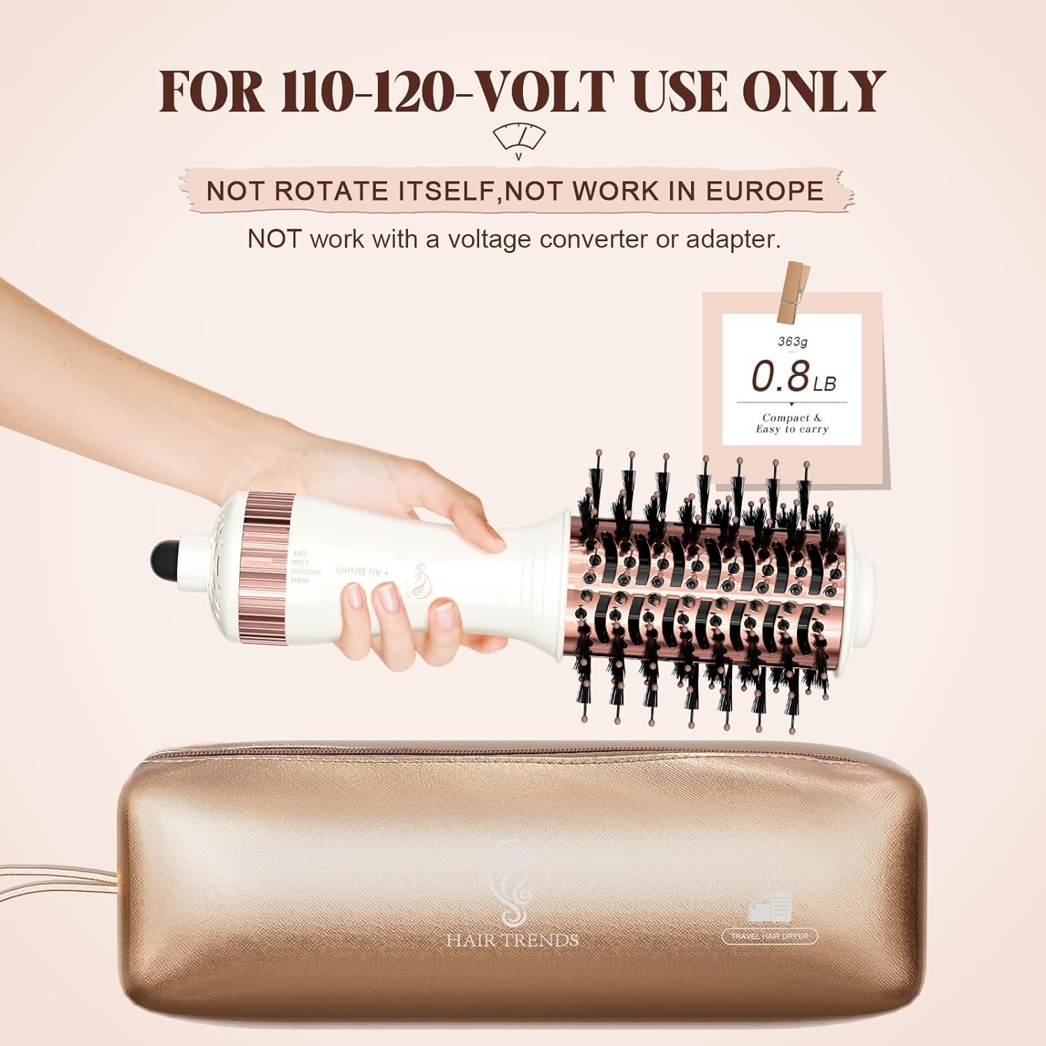 Travel Hair Dryer Brush, Nano Titanium 2 Inch One Step Hair Dryer & Styler Volumizer, Mini Oval Hot Air Brush, White and Rose Gold, HB004 - Image 2