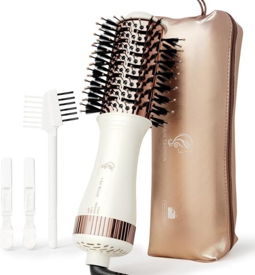 Travel Hair Dryer Brush, Nano Titanium 2 Inch One Step Hair Dryer & Styler Volumizer, Mini Oval Hot Air Brush, White and Rose Gold, HB004