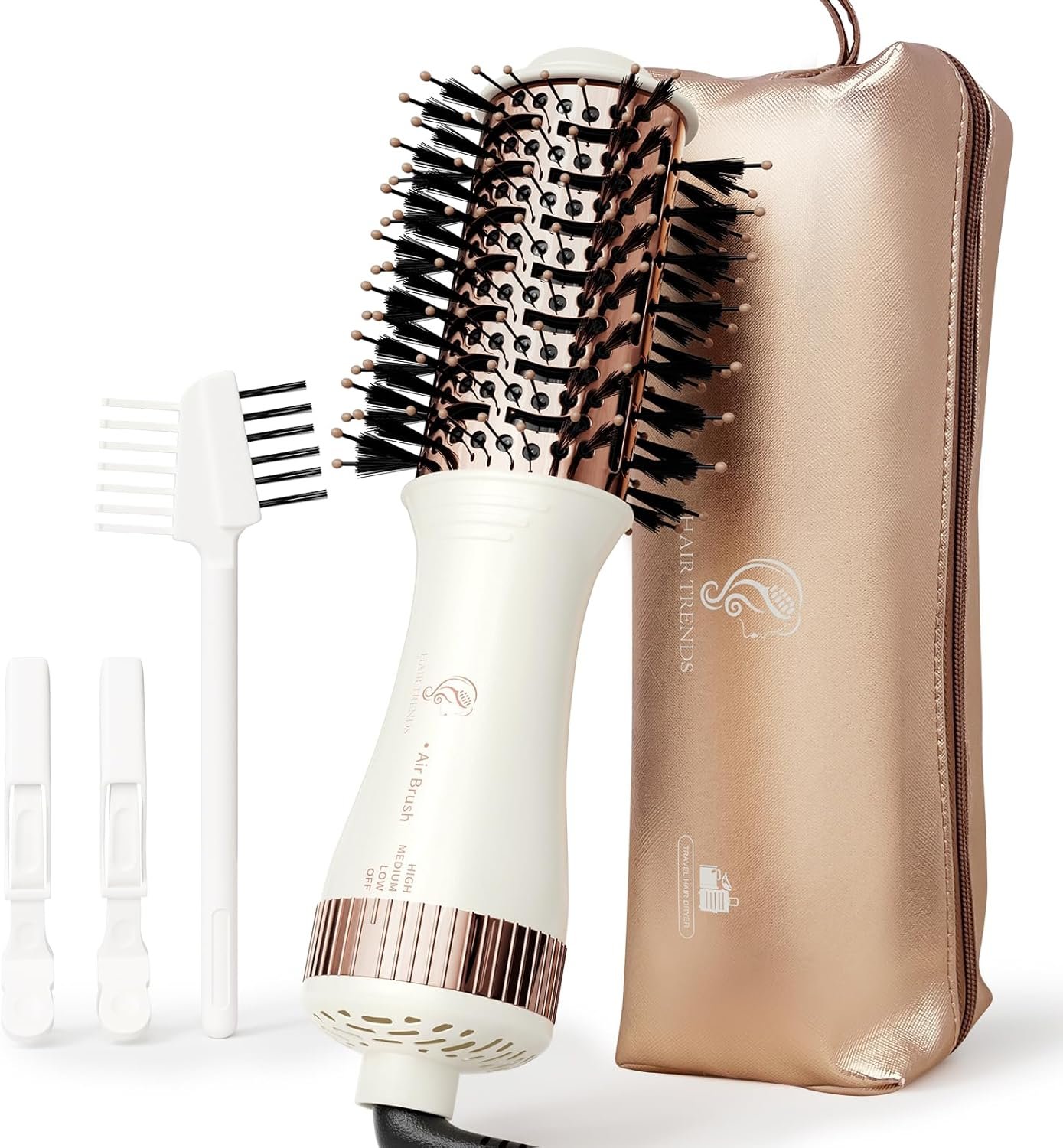 Travel Hair Dryer Brush, Nano Titanium 2 Inch One Step Hair Dryer & Styler Volumizer, Mini Oval Hot Air Brush, White and Rose Gold, HB004