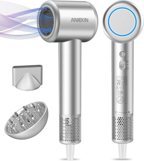 Hair Dryer, High-Speed Ionic Low Noise Blow Dryer with Brushless Motor for Fast Drying, Thermo-Control Quiet Compact Hair Blow Dryer with Magnetic Diffuser for Curly Hair for Home Travel Salon