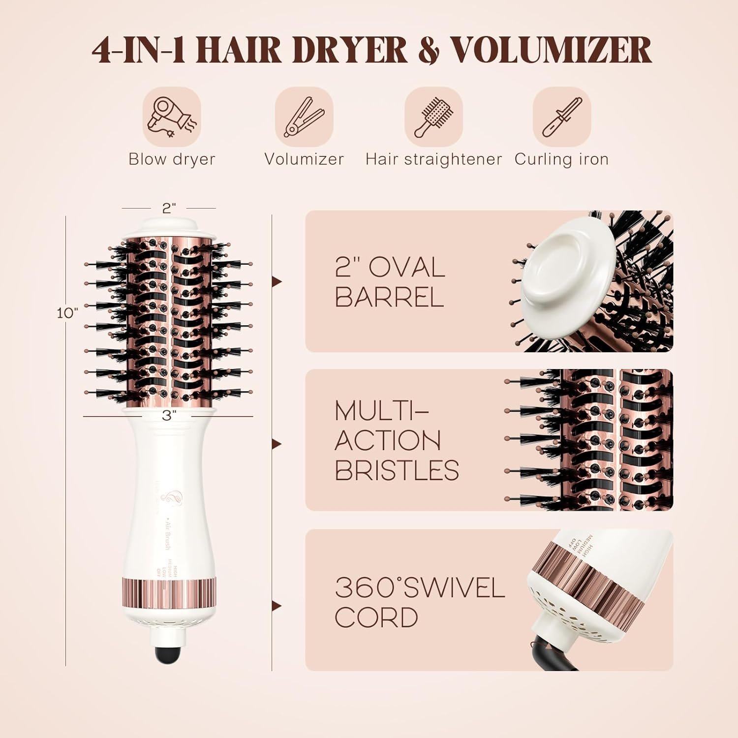 Travel Hair Dryer Brush, Nano Titanium 2 Inch One Step Hair Dryer & Styler Volumizer, Mini Oval Hot Air Brush, White and Rose Gold, HB004 - Image 6
