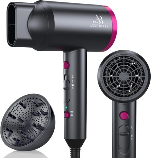 Ionic Hair Dryer with Diffuser, Powerful 1800W Blow Dryer for Women & Men, Fast-Drying Hair Dryer with Nozzle for Home, Salon, Travel