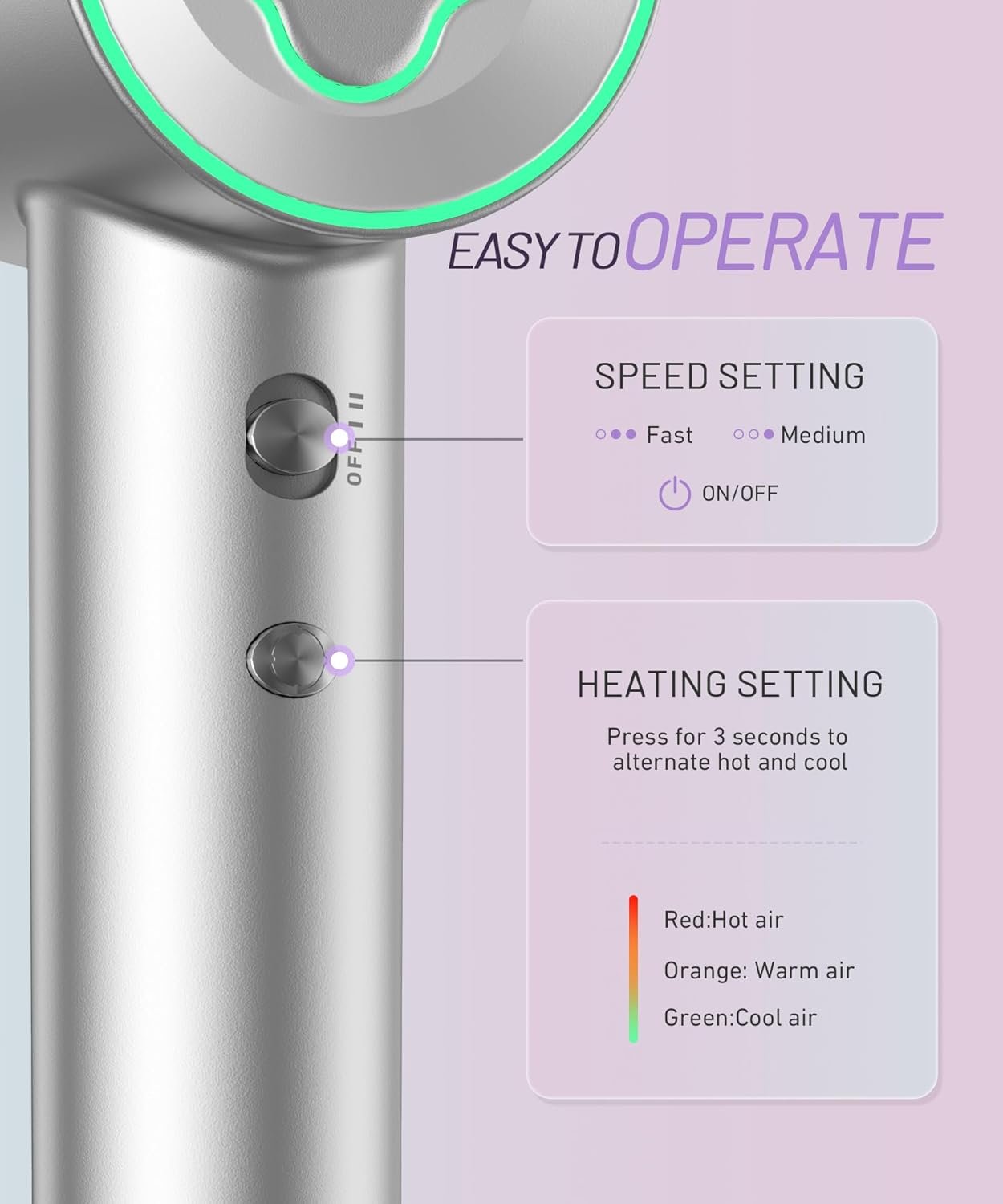 Hair Dryer - 150000 RPM High-Speed Brushless Motor Negative Ionic Blow Dryer for Fast Drying, Low Noise Thermo-Control Hair Dryer with Diffuser and Nozzle, Silvery - Image 3