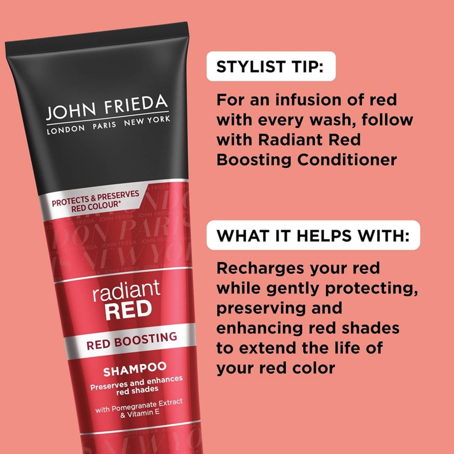 John Frieda Radiant Red, Color Boosting Shampoo, Enhances, Protects, & Hydrates with Pomegranate Extract and Vitamin E for Natural or Color-Treated Hair, 8.3 Oz - Image 3