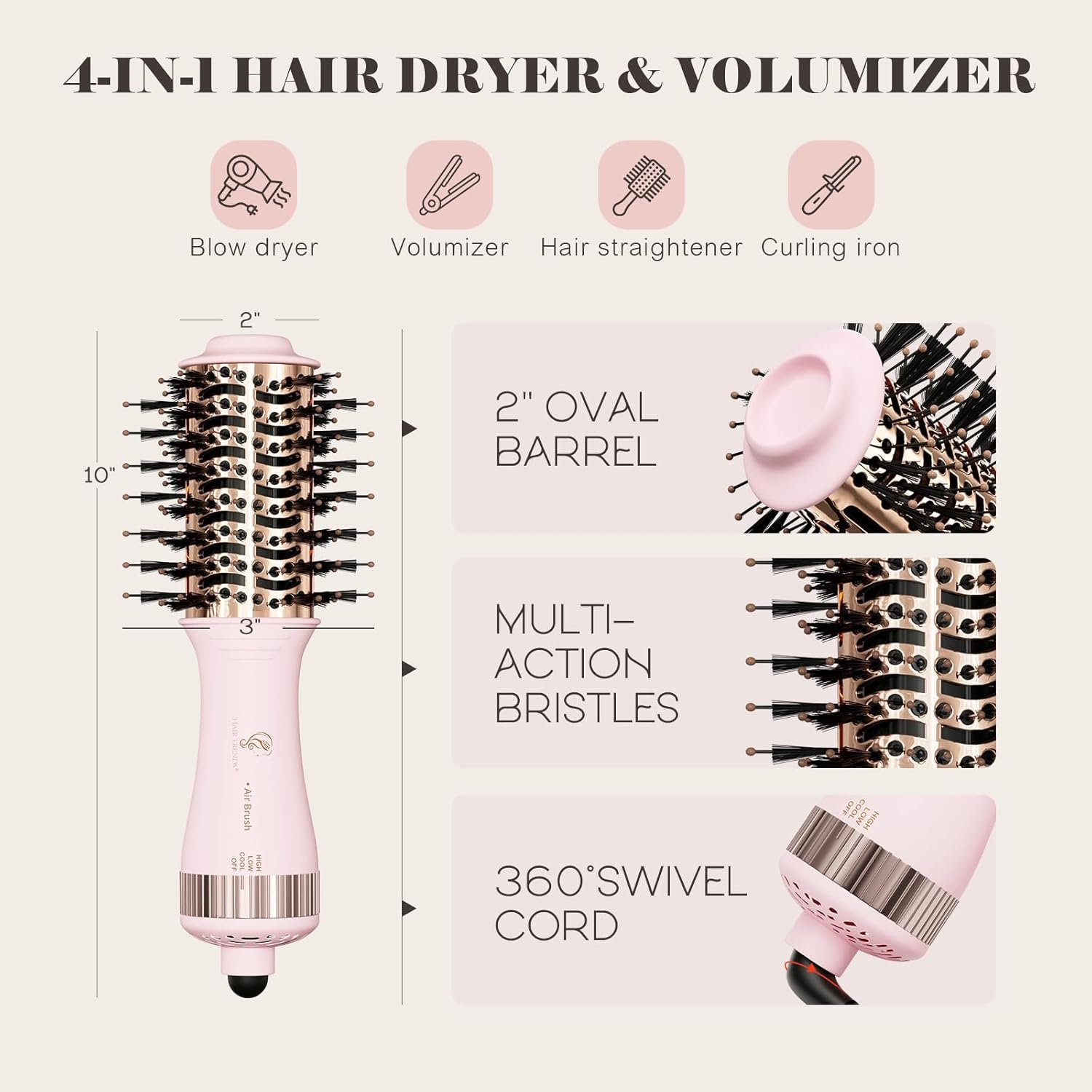 Dual Voltage Travel Hair Dryer Brush, Mini Hot Air Brush Styler & Dryer for European Travel, Hair Trends Nano Titanium 2 Inch One Step Hair Dryer and Styler Volumizer Oval Shape - Image 5
