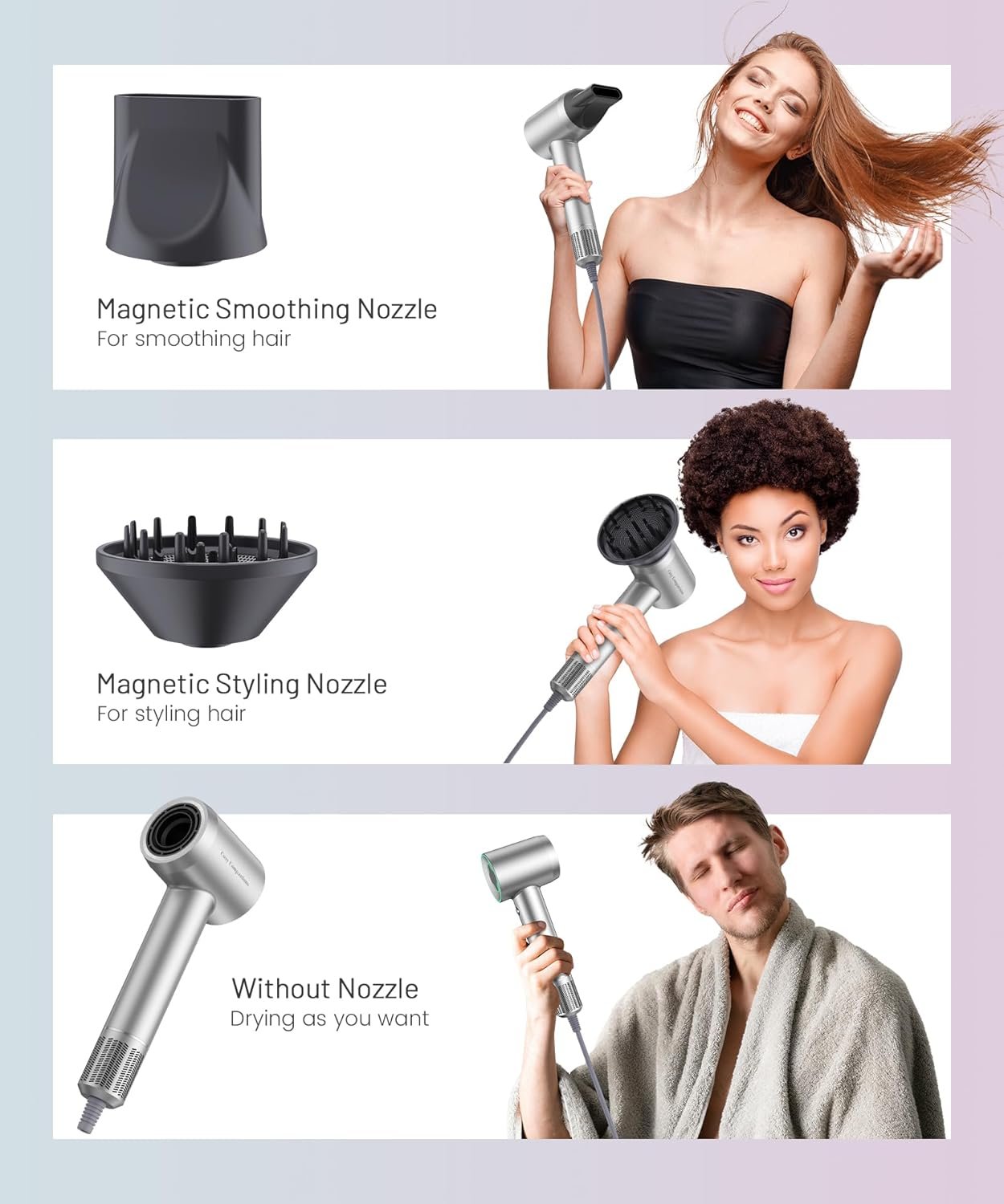 Hair Dryer - 150000 RPM High-Speed Brushless Motor Negative Ionic Blow Dryer for Fast Drying, Low Noise Thermo-Control Hair Dryer with Diffuser and Nozzle, Silvery - Image 8