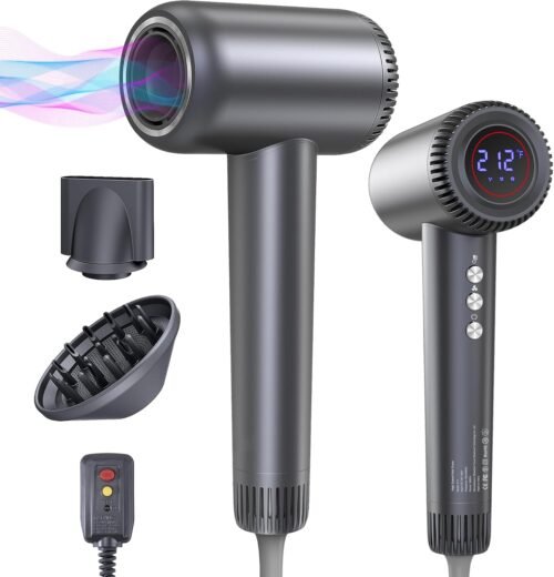 Hair Dryer, 180000 RPM High-Speed Blow Dryer, 1600W Low Noise Brushless Motor, Negative Lonic Professional Care Hair Dryer, 4 Thermo-Control with Magnetic Diffuser and Nozzle for Travel, Salon(Gray)