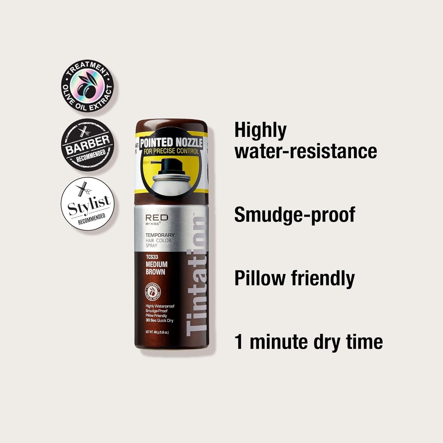 RED by Kiss 1.5OZ. Tintation Temporary Hair Color Spray, Instant Gray Root Cover Up, Water-Resistant, Smudge-Proof, Hairline & Barber Touch-Up, Quick Dry, Travel Size Spray (Medium Brown) - Image 4