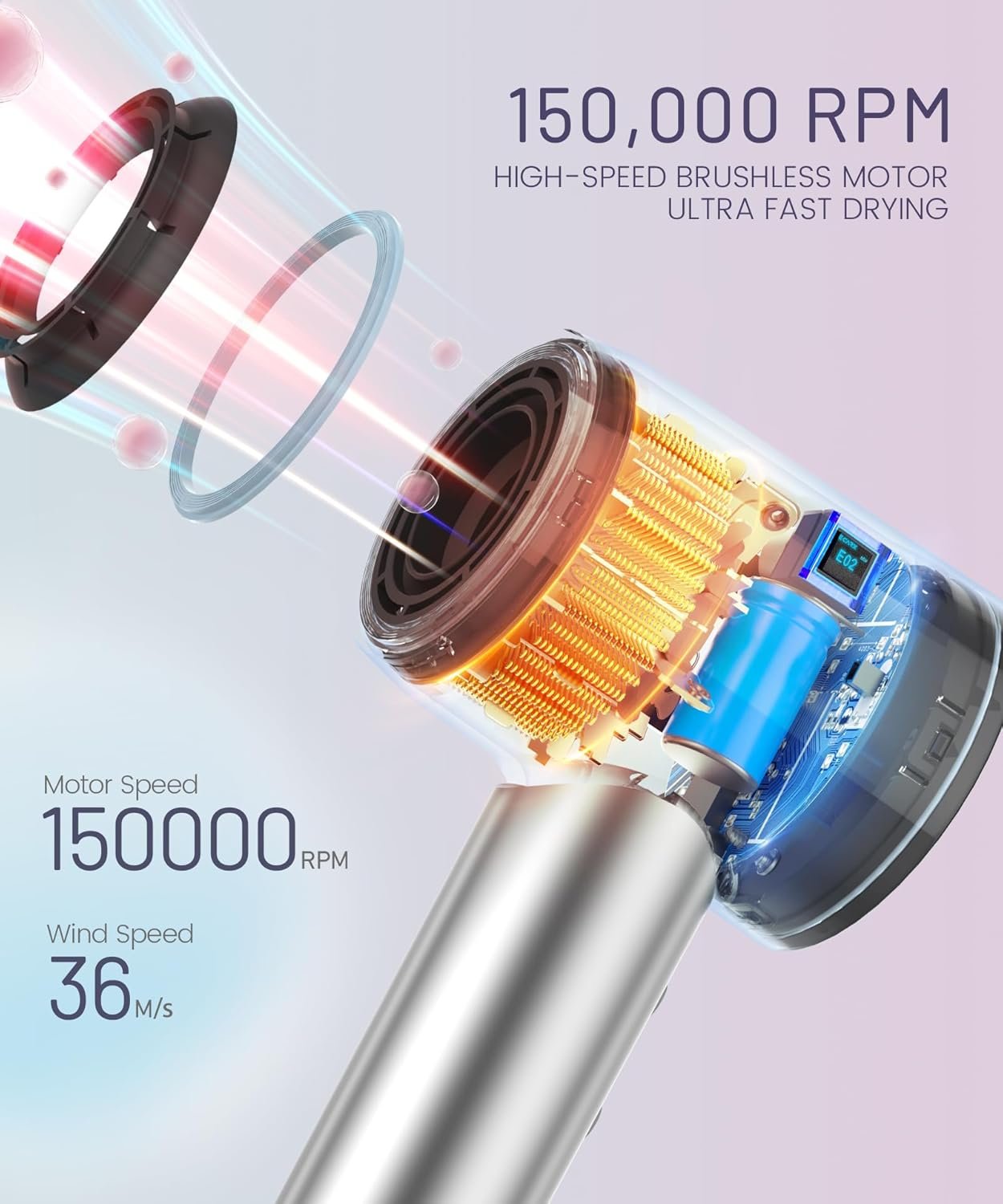 Hair Dryer - 150000 RPM High-Speed Brushless Motor Negative Ionic Blow Dryer for Fast Drying, Low Noise Thermo-Control Hair Dryer with Diffuser and Nozzle, Silvery - Image 2