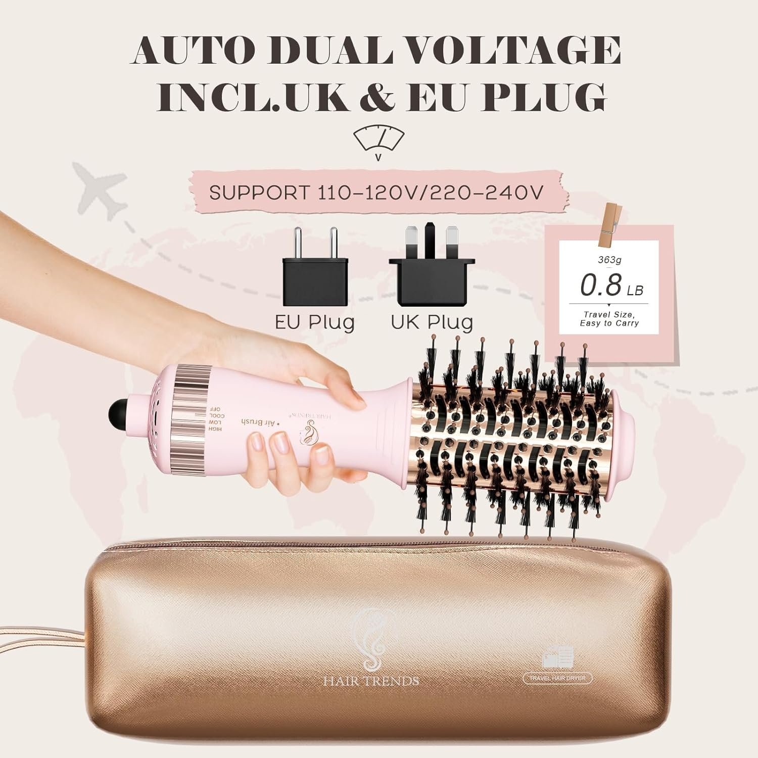 Dual Voltage Travel Hair Dryer Brush, Mini Hot Air Brush Styler & Dryer for European Travel, Hair Trends Nano Titanium 2 Inch One Step Hair Dryer and Styler Volumizer Oval Shape - Image 2