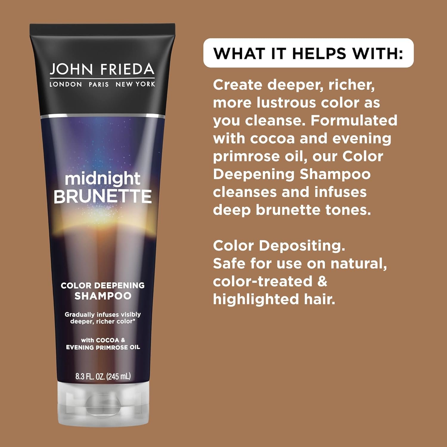 John Frieda Midnight Brunette Shampoo, Color Deepening Shampoo to Enhance and Refresh Brunette Tones, Cocoa and Primrose Oil-Infused Shampoo to Revive Brunette Color, 8.3 Oz - Image 3