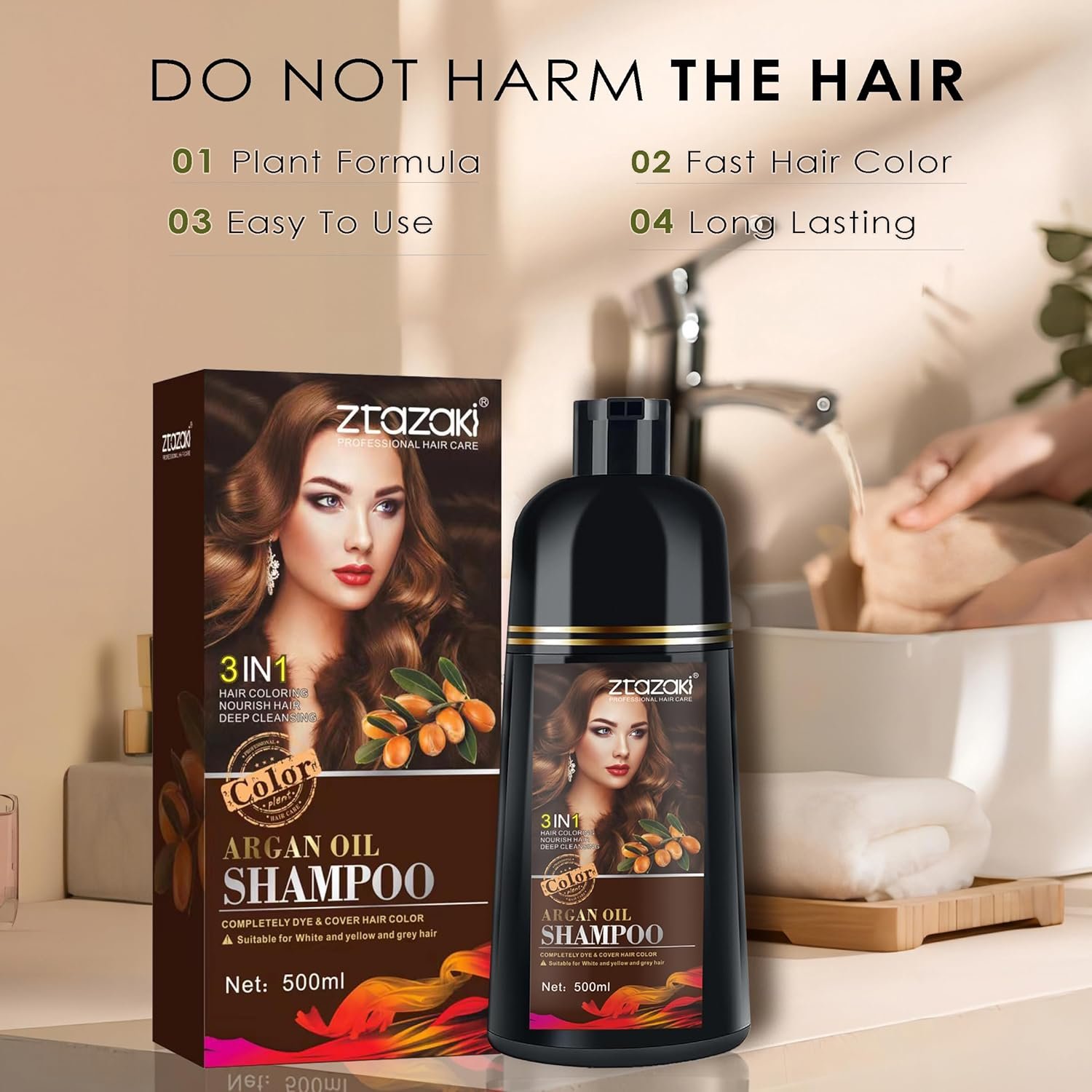 Black Hair Dye Shampoo 3-In-1, Instant Gray Hair Coverage in Minutes-Long Lasting Argan Oil Herbal Hair Color Shampoo champu con tinte para canas 500ml - Image 4