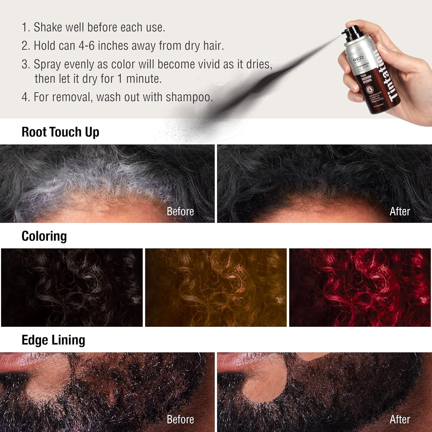 RED by Kiss 1.5OZ. Tintation Temporary Hair Color Spray, Instant Gray Root Cover Up, Water-Resistant, Smudge-Proof, Hairline & Barber Touch-Up, Quick Dry, Travel Size Spray (Medium Brown) - Image 8
