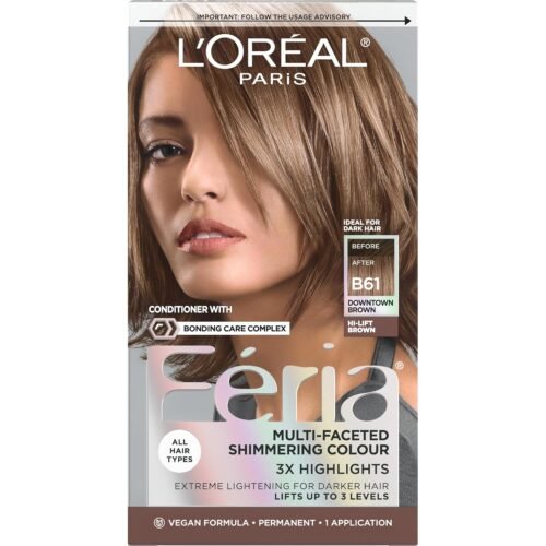 L’Oreal Paris Feria Multi-Faceted Shimmering Permanent Hair Color, B61 Downtown Brown (Hi-Lift Cool Brown), Pack of 1, Hair Dye