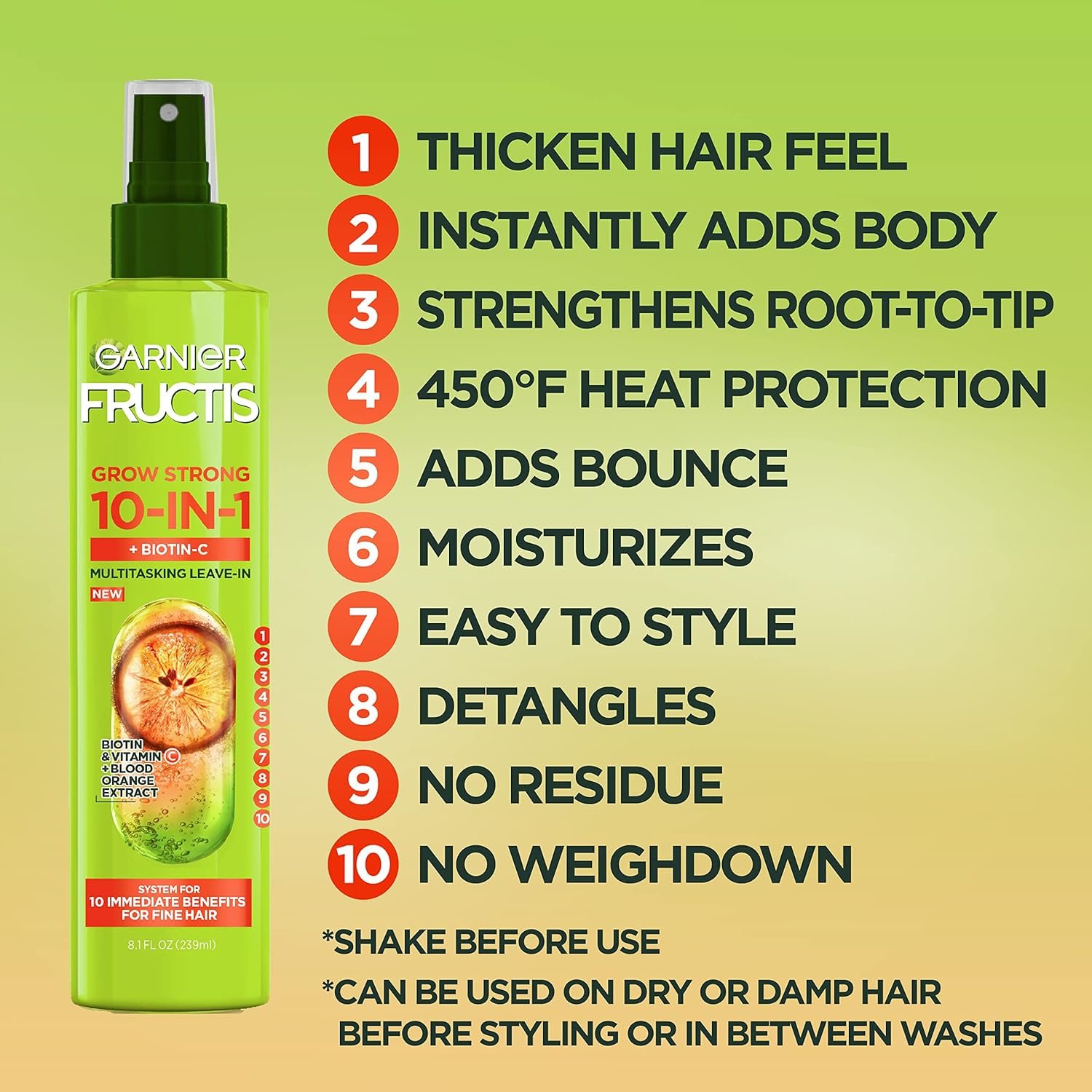 Garnier Fructis Grow Strong Thickening 10-in-1 Spray, Biotin-C, 8.1 Fl Oz, 1 Count (Packaging May Vary) - Image 3