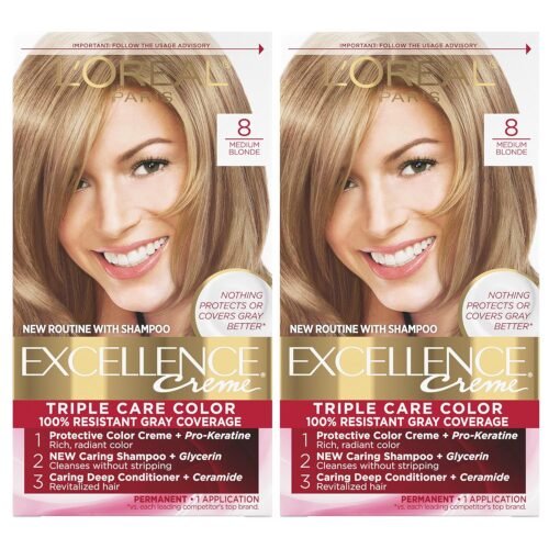 L’Oreal Paris Excellence Creme Permanent Hair Color, 8 Medium Blonde, 100 percent Gray Coverage Hair Dye, Pack of 2