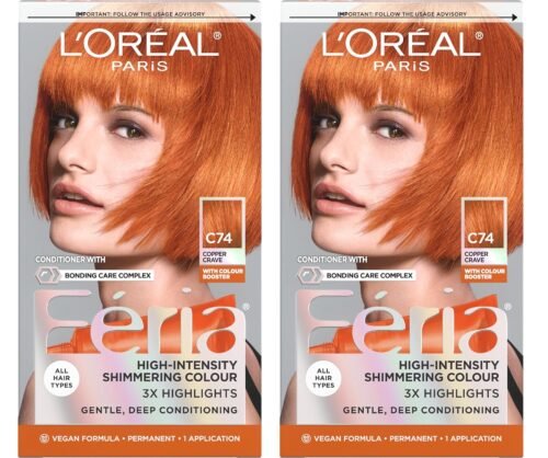 L’Oreal Paris Feria Multi-Faceted Shimmering Permanent Hair Color, C74 Intense Copper, Hair Dye Kit, Pack of 2