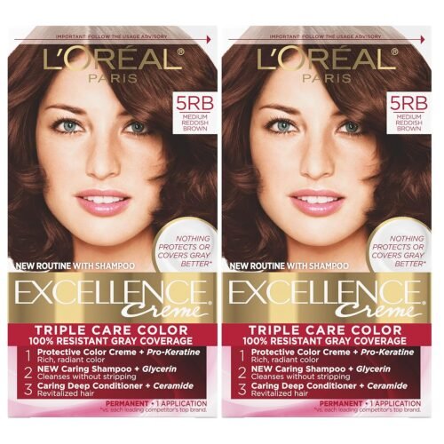 L’Oreal Paris Excellence Creme Permanent Hair Color, 5RB Medium Reddish Brown, 100 percent Gray Coverage Hair Dye, Pack of 2