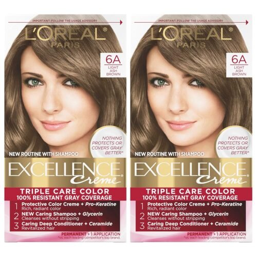 L’Oreal Paris Excellence Creme Permanent Hair Color, 6A Light Ash Brown, 100 percent Gray Coverage Hair Dye, Pack of 2