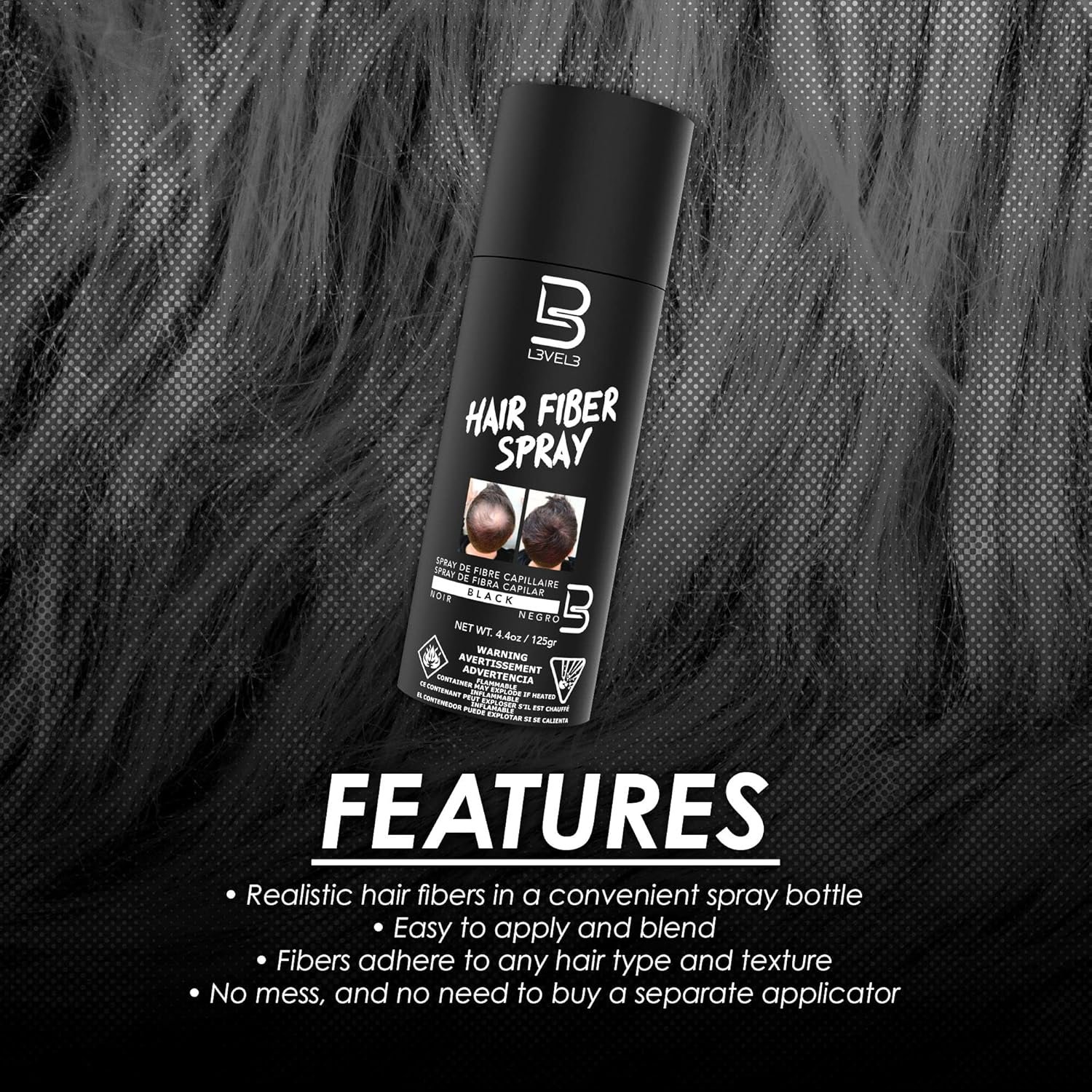Level 3 Black Hair Fiber Spray - Covers Bald Spots & Thinning Hair - Instant Gray Coverage & Thicker Hair Appearance - Image 3